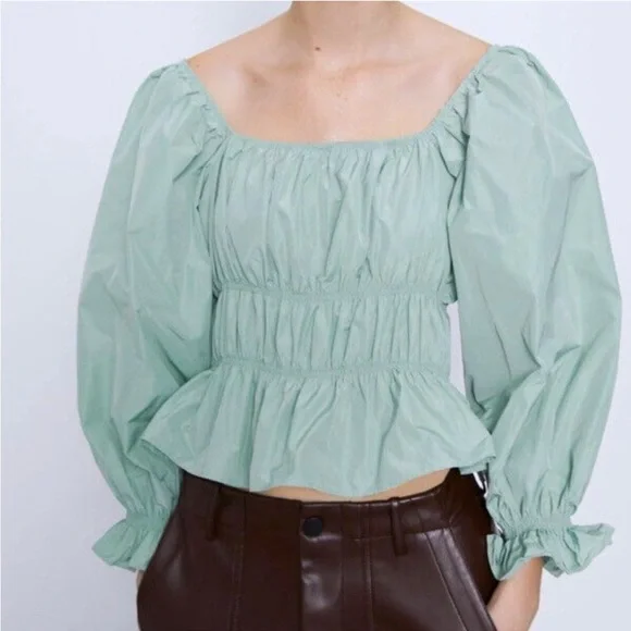 Zara Taffeta Puff Sleeve Blousee Light Green XS - Picture 2 of 9